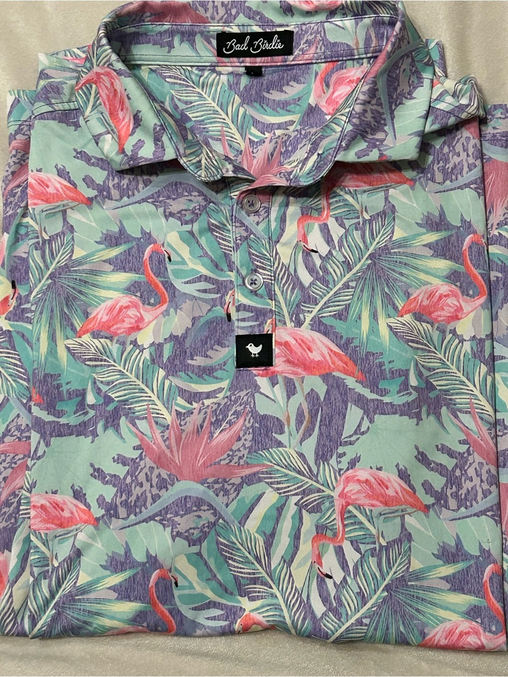Bad Birdie Mingos Mens Large Golf Polo Shirt Flamingo Tropical Performance